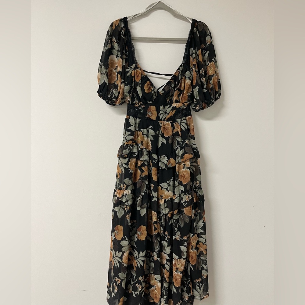 NWT Lulus Black Floral Tiered Puff Sleeve Open Back Lace-Up Midi Dress XL - Picture 3 of 11